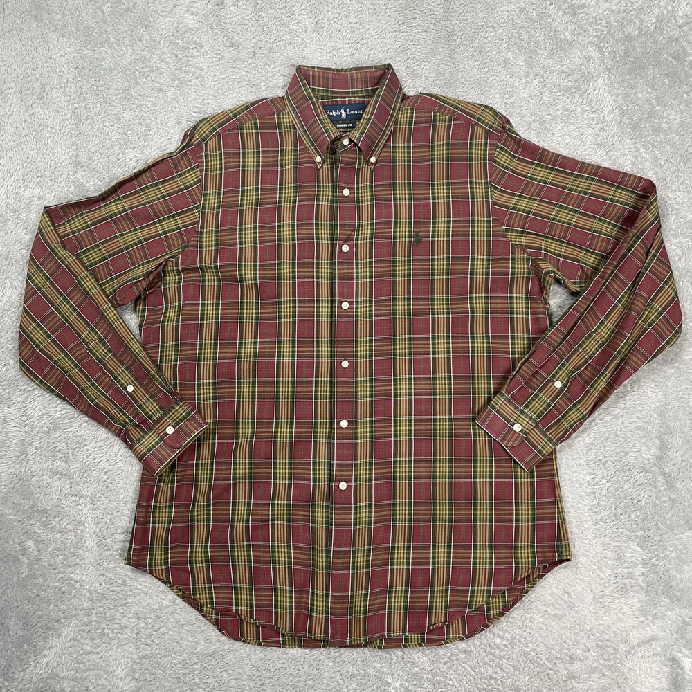 Ralph Lauren Shirt Mens Large Red Plaid Cotton Button Down Long Sleeve Classic